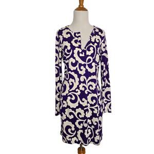 Diane von Furstenberg Reina Long Sleeve Dress Silk Purple Scroll Print Women 8